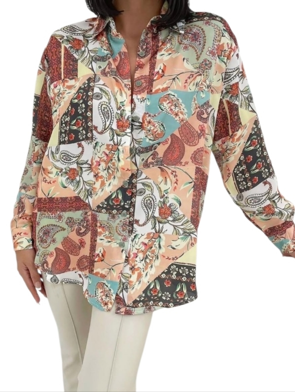 Zara Boho Patchwork Print Satin Button-Down Shirt, Size Small